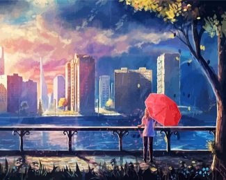 Anime Girl With Umbrella In The Rain Diamond Painting
