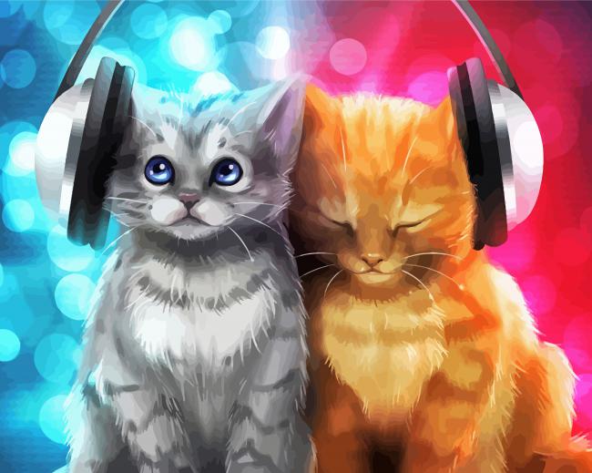 Cute Cats With Headphones Diamond Painting