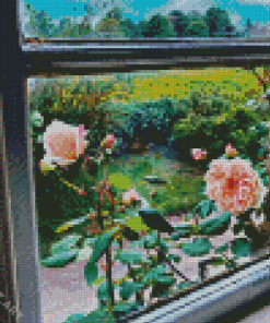 Roses Out The Cottage Window Diamond Painting