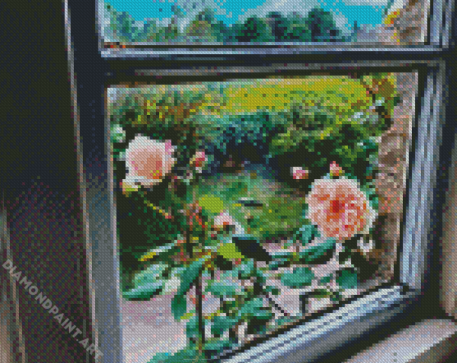 Roses Out The Cottage Window Diamond Painting