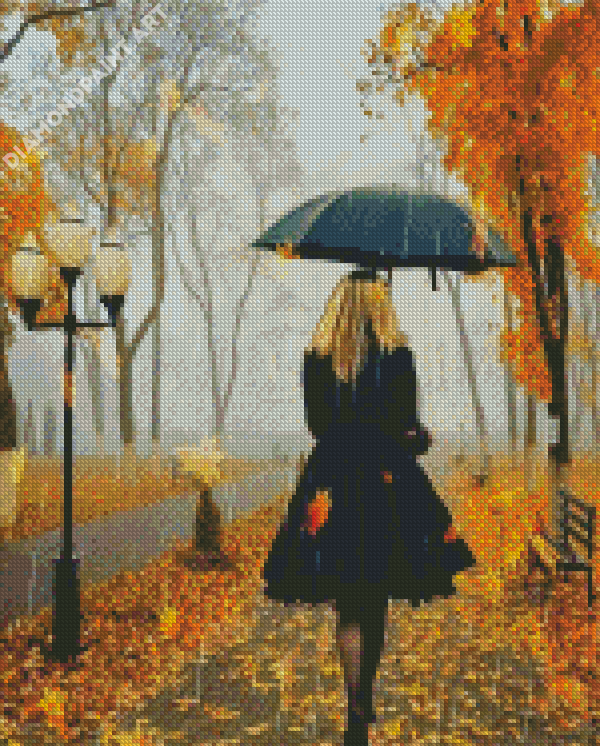 Walking Girl In The Rain Diamond Painting