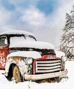 Classic Red Pick Up In Snow Winter Diamond Painting