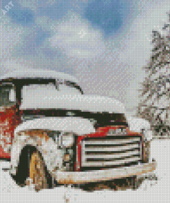 Classic Red Pick Up In Snow Winter Diamond Painting