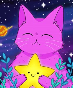 Purple Cat Holding Star Diamond Painting