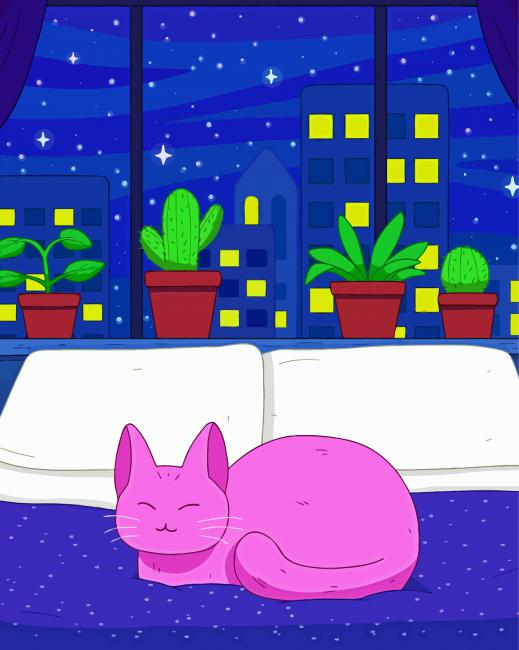 Purple Cat On Bed Diamond Painting