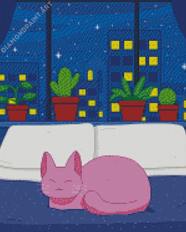 Purple Cat On Bed Diamond Painting