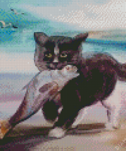 Black Cat With Fish Diamond Painting