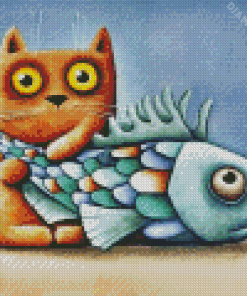 Cute Cat With Fish Diamond Painting