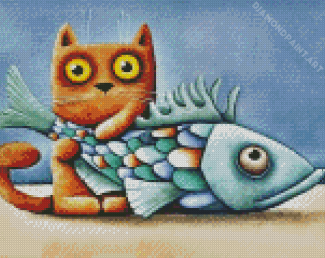 Cute Cat With Fish Diamond Painting