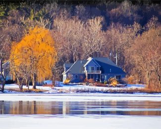 Houses Across Frozen River Diamond Painting