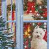 White Dog In Christmas Window Diamond Painting