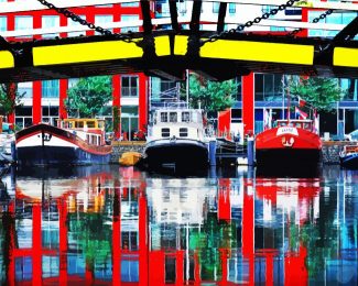 Amsterdam Barges Water Reflection Diamond Painting