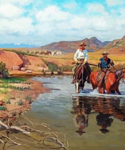 Cowboys And Horses In Water Diamond Painting
