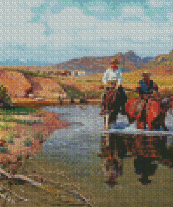 Cowboys And Horses In Water Diamond Painting
