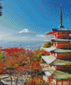 Japanese Temple With Snowy Mountains Diamond Painting