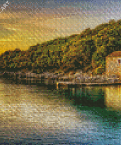 Cottage By The Sea Sunset Seascape Diamond Painting