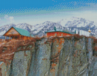 Houses On A Snowy Cliff Diamond Painting
