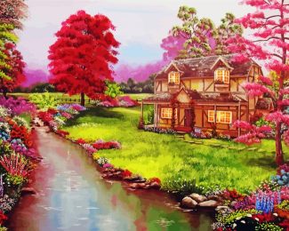Cottage Garden By River Diamond Painting