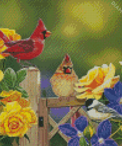 Birds With Flowers And Fence Diamond Painting
