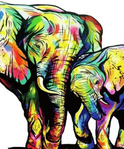 Colorful Mama And Baby Elephants Diamond Painting