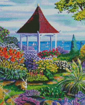 Gazebo By The Sea And Flowers Diamond Painting