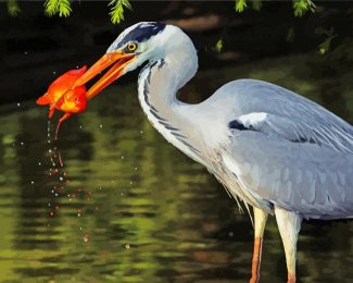 Aesthetic Great Blue Heron With Fish Diamond Painting