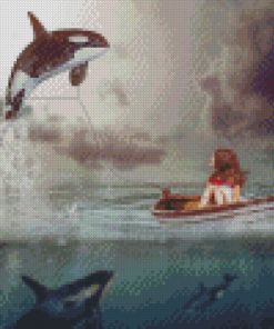 Girl On Boat And Whales Diamond Painting