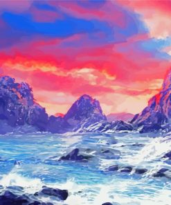 Pink Sunset With Mountain And Waves Art Diamond Paintings