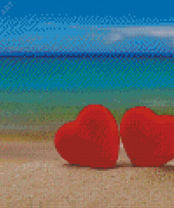 Aesthetic Beach With Red Hearts In Sand Diamond Paintings