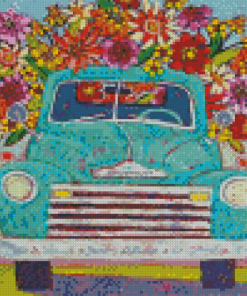 Blue Truck With Flowers Diamond Paintings