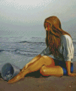 Cute Woman Sitting On Beach Diamond Painting