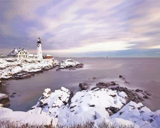 Snowy Portland Lighthouse Diamond Painting