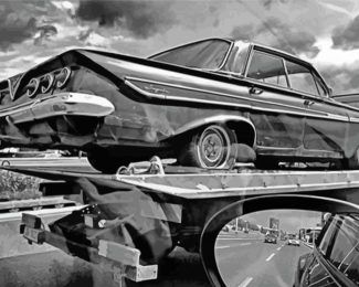 Black And White Classic Car On A Tow Truck Diamond Painting