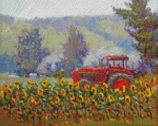 Tractor With Sunflowers Art Diamond Painting