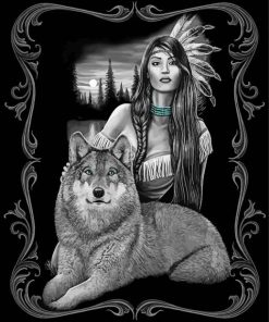 Black And White Indian Woman And Wolf Diamond Paintings