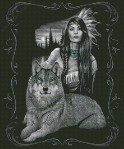 Black And White Indian Woman And Wolf Diamond Paintings