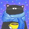Fat Black Cat And Coffee Cup Diamond Paintings
