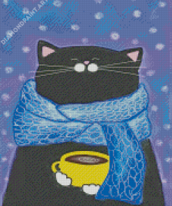 Fat Black Cat And Coffee Cup Diamond Paintings