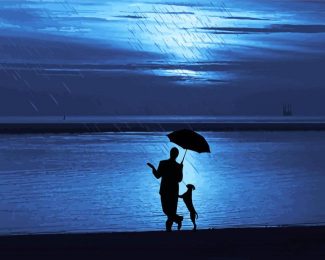 Man And Dog Silhouette With Umbrella Diamond Painting