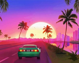 Palm Trees With Car At Sunset Diamond Painting