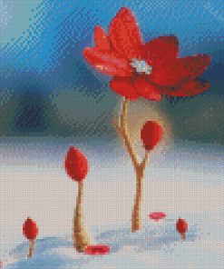 Beautiful Red Spring Flower In Snow Diamond Paintings