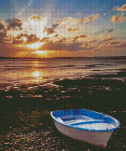 Sunset Beach With Row Boat Diamond Painting