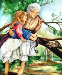 Grandma And Granddaughter On Tree Branch Diamond Painting