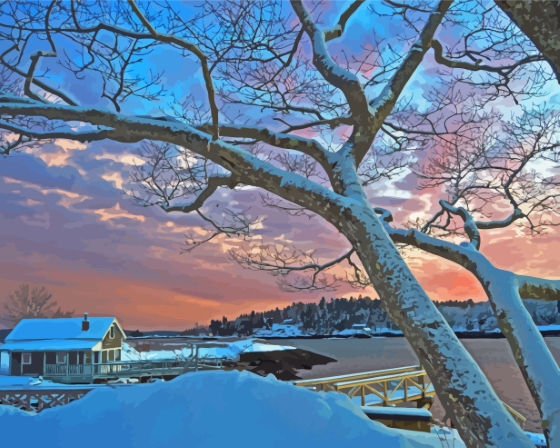 Snowy Boothbay Town Diamond Painting