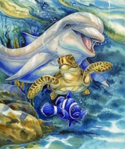 Turtle And Dolphin With Fish Diamond Painting
