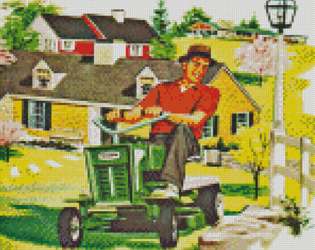 Vintage Man Mowing Grass Diamond Painting