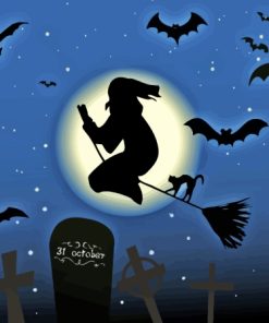 Witch Silhouette And Bats Diamond Painting