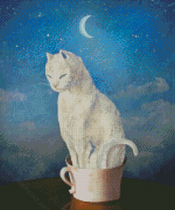 Aesthetic White Cat In Cup Diamond Painting