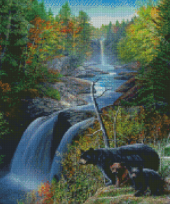Bears In Waterfall Landscape Diamond Painting