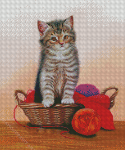Kitten With Yarn Basket Diamond Painting